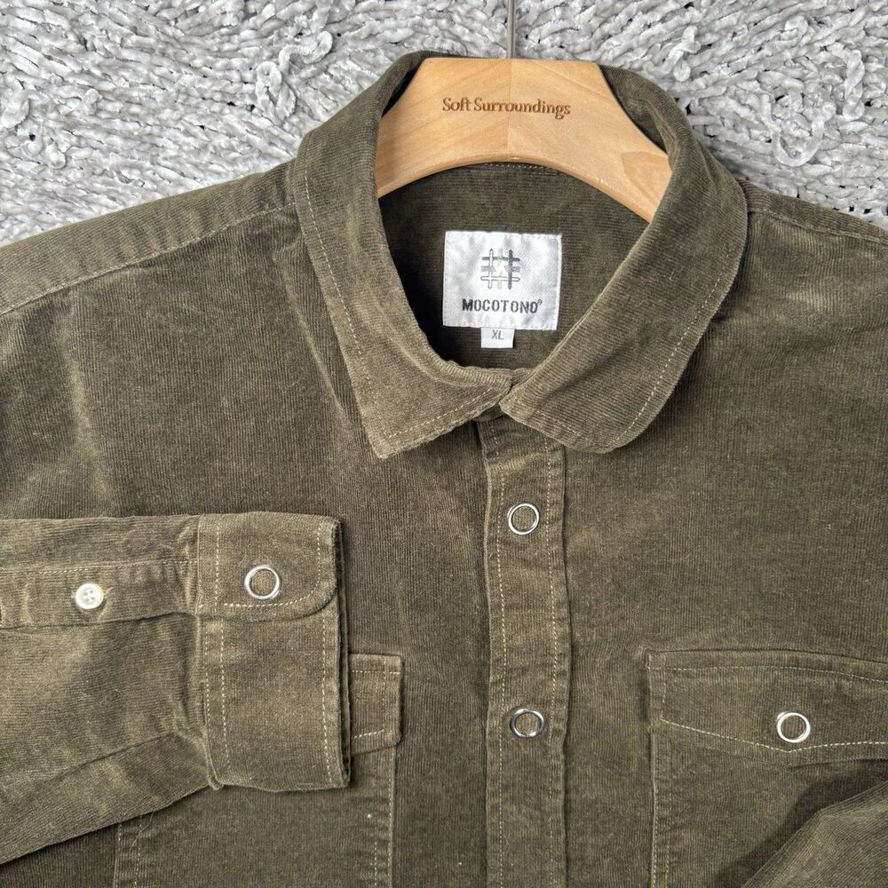 Mocotono Corduroy Shirt Mens XL Dark Green Long Sleeve Snap Buttons Preppy